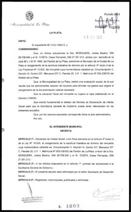Decreto n° 1602 de 2013, Bruera, Oscar Pablo
