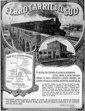 Folleto publicitario de la sección urbana del Ferrocarril del Sud. Se puede apreciar una imagen de la Estación Monte Grande de la época